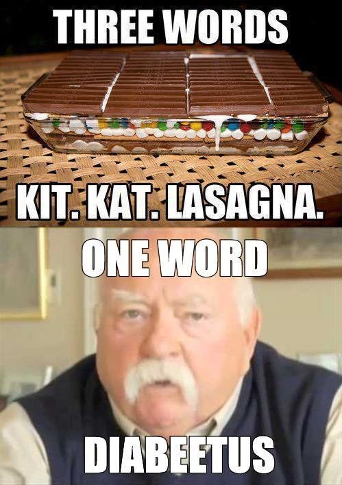 tri slová: kit kat lasagne, jedno slovo: cukrovka